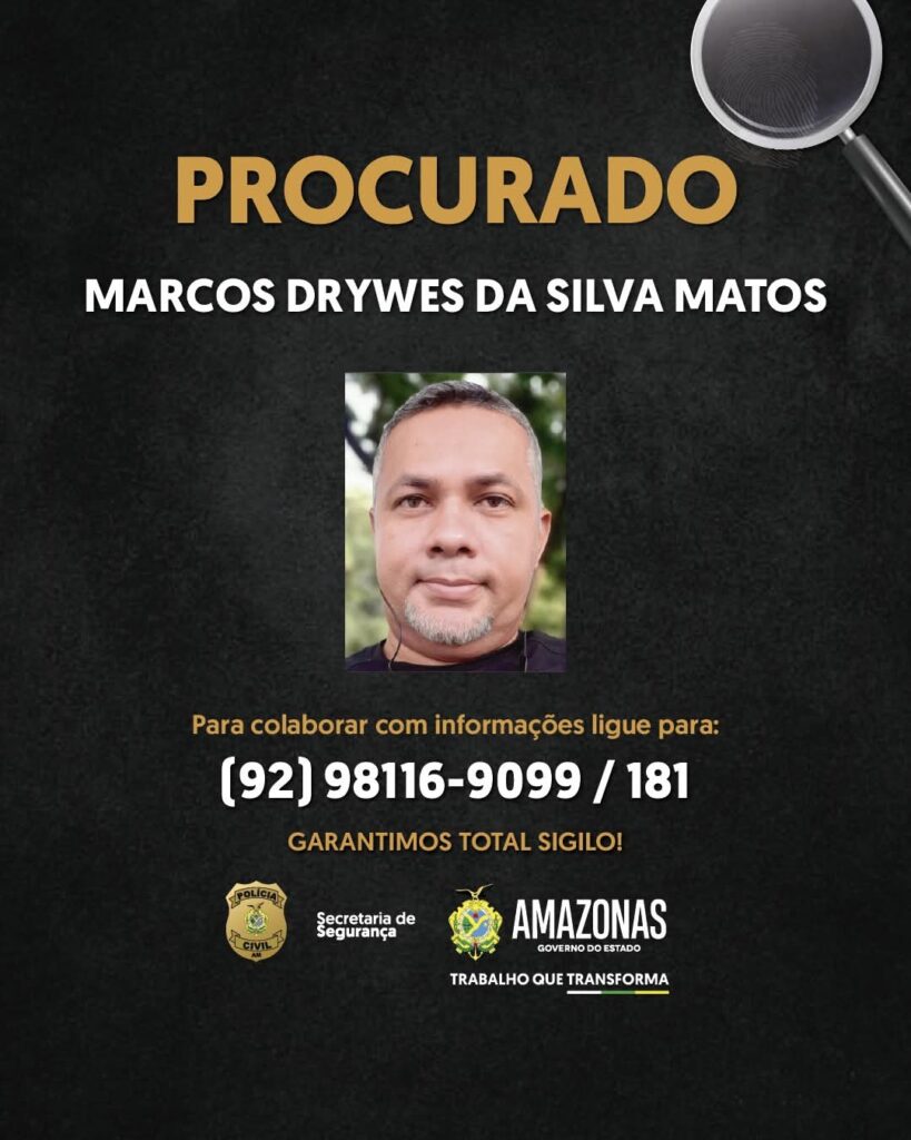A Polícia Civil do Amazonas (PC-AM), por meio do 9° Distrito Integrado de Polícia (DIP), divulga a imagem de Marcos Drywes da Silva Matos, 45 anos, conhecido como “Don Juan”, pelos crimes de estelionato e furto contra idosas.