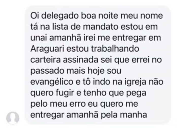Foragido envia mensagem a delegado e decide se entregar após conversão em igreja evangélica