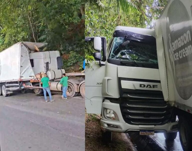 Caminhão colide com caminhonete e interdita trecho da Avenida do Turismo, em Manaus