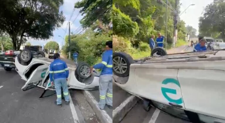 VÍDEO! Caçamba atinge carro da Águas de Manaus e provoca capotamento na zona Oeste
